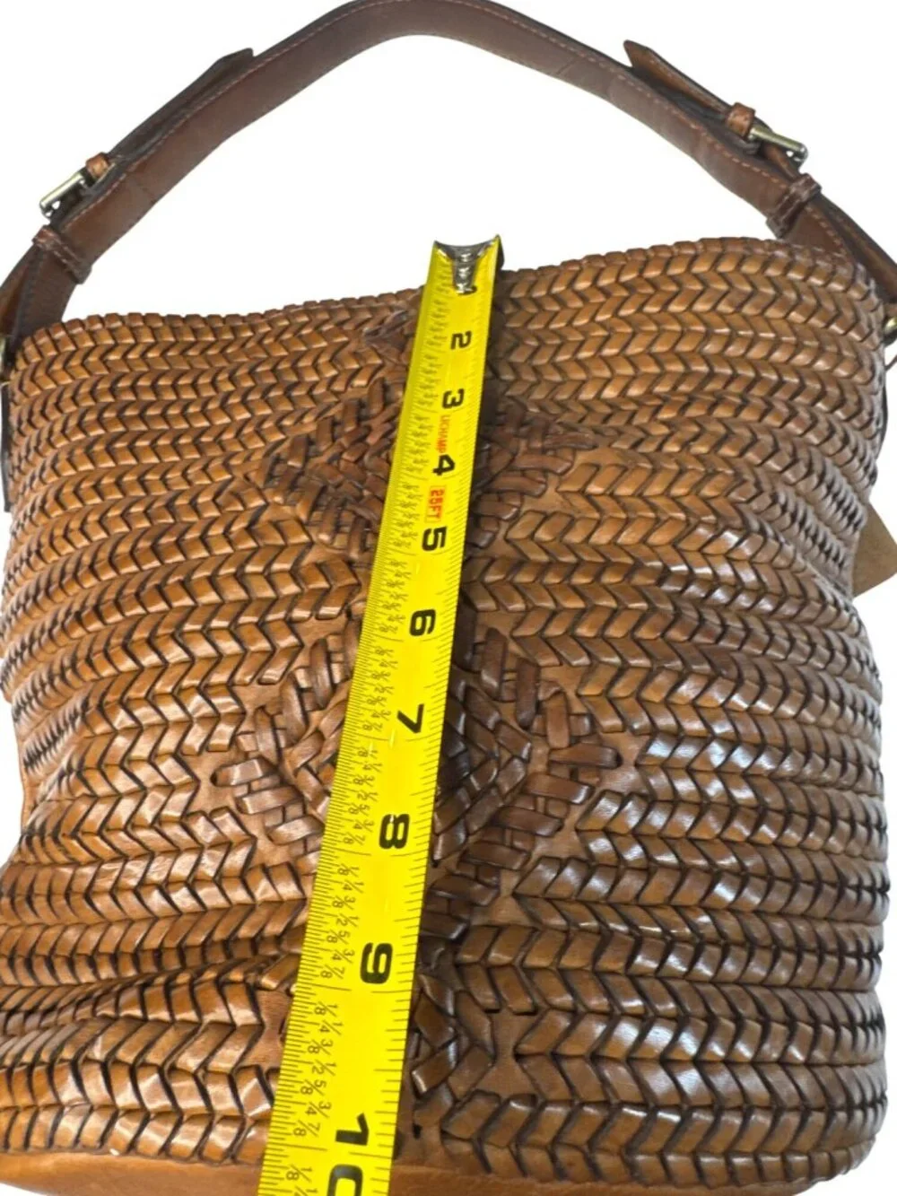 Woven Genuine Leather Brown Shoulder Bag W/Adjustable Strap & Inner Pockets